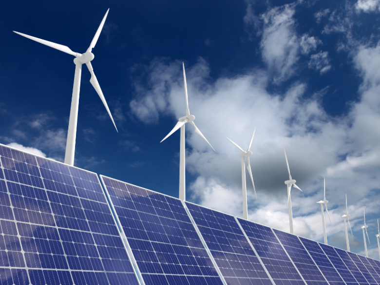 Solar panels and wind turbines.