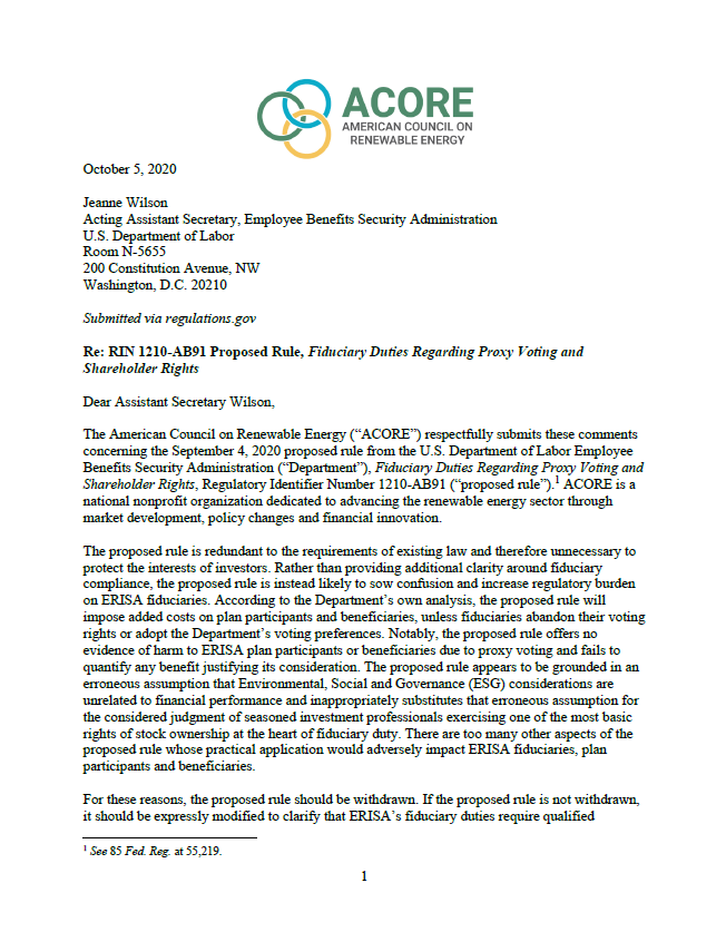 ACORE Comments on DOL Proxy Voting Proposed Rule