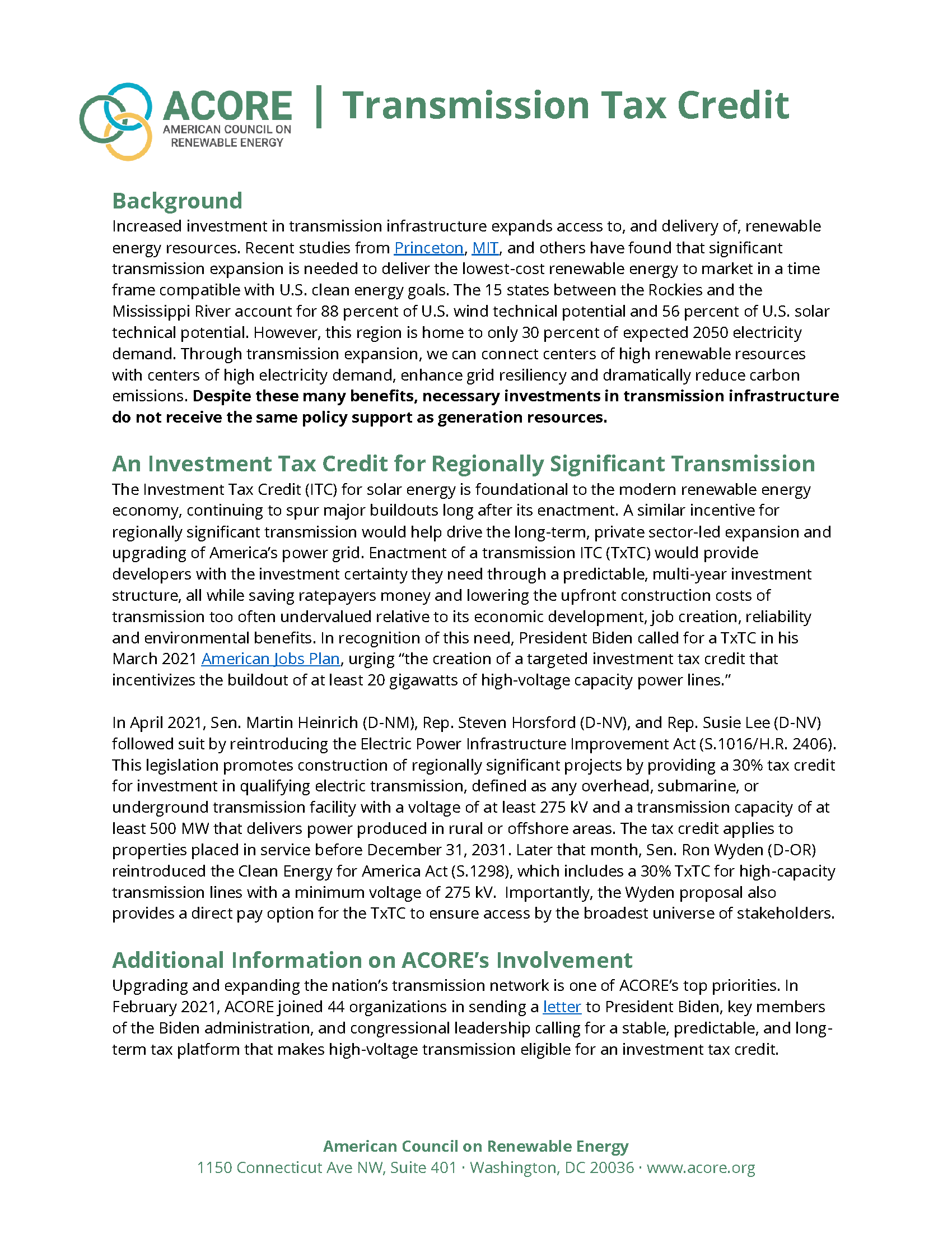 First page of the Transmission ITC fact sheet by ACORE
