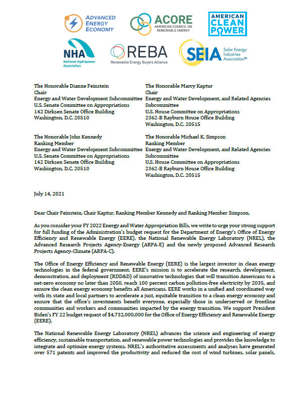 Renewable Sector Coalition Letter FY 2022 Appropriations