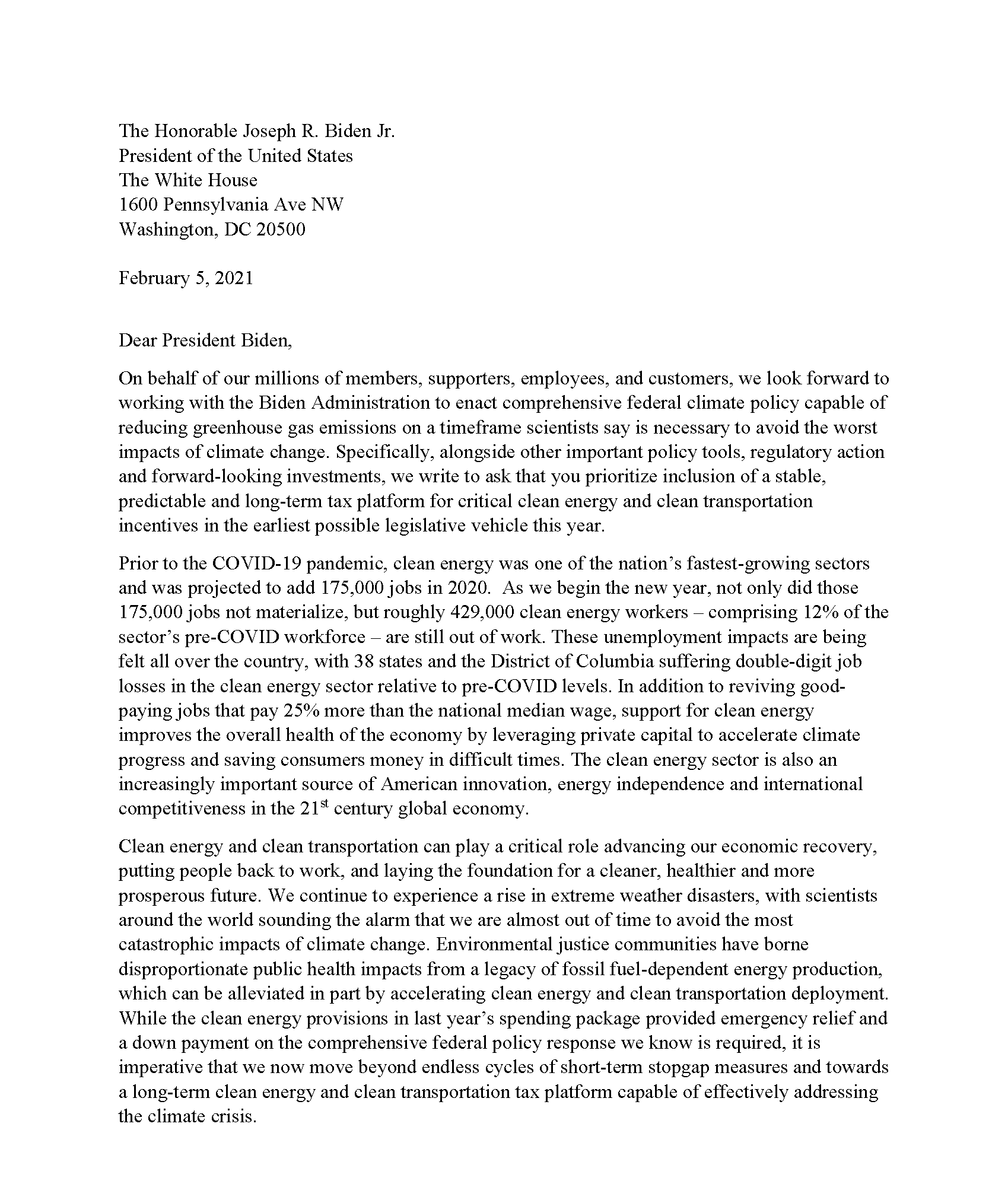 Clean Energy Tax Coalition Letter Page 1