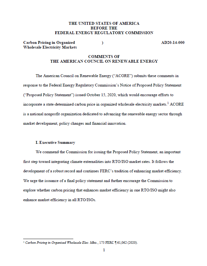 ACORE Comments on FERC Carbon Pricing Proposed Policy Statement