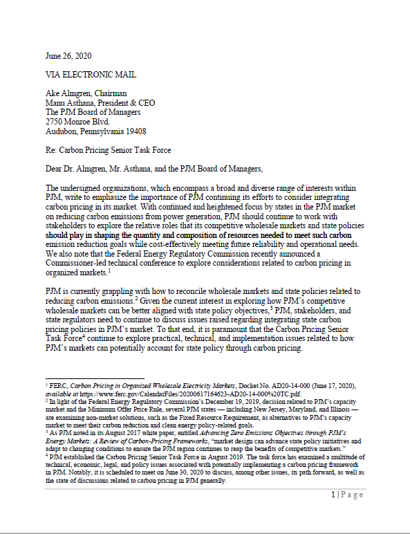 Letter to PJM on Carbon Pricing