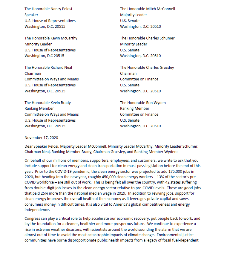 Multi-Sector Coalition Letter Urging Congressional Support for Clean Energy and Clean Transportation