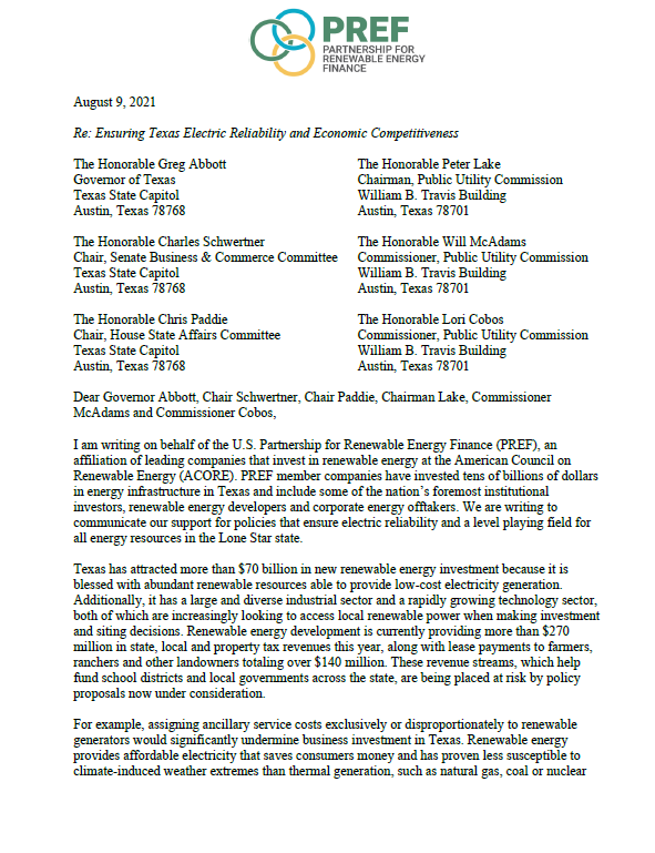 PREF Letter on Ensuring Texas Electric Reliability and Economic Competitiveness