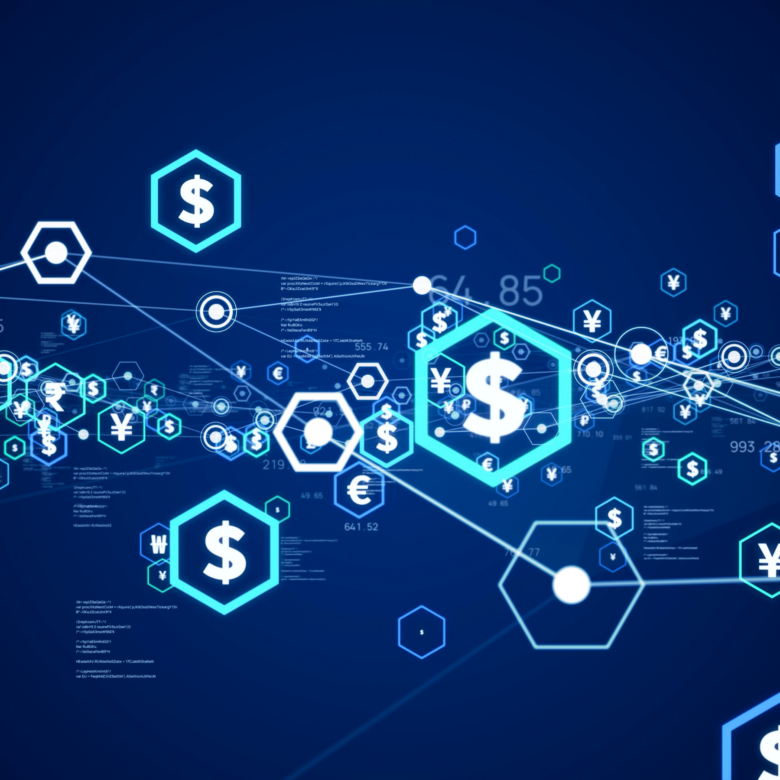 A blue background with several money icons in hexagonal frames, connected via a white web.