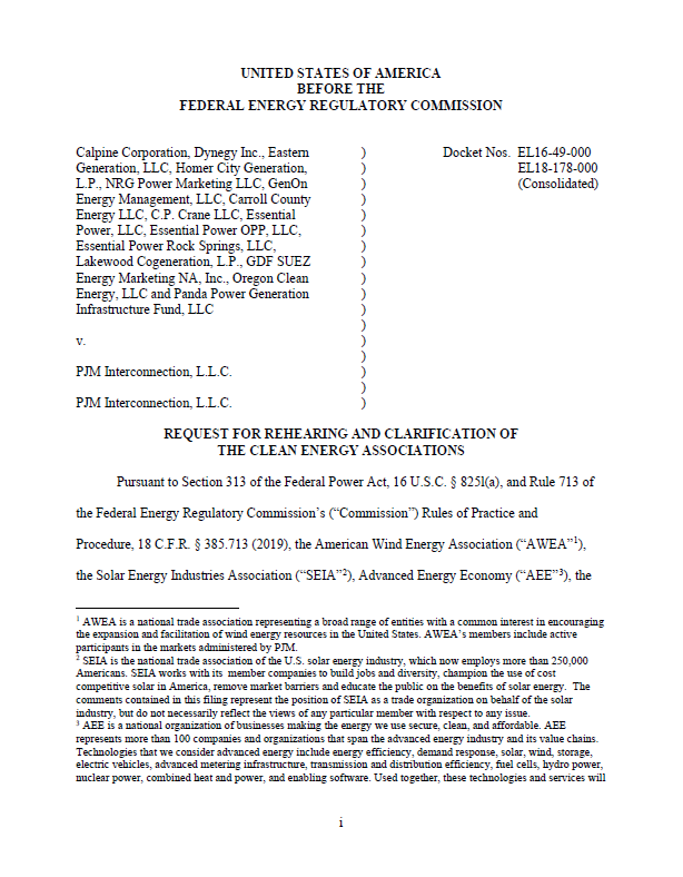 Request for Rehearing of FERC's MOPR Order