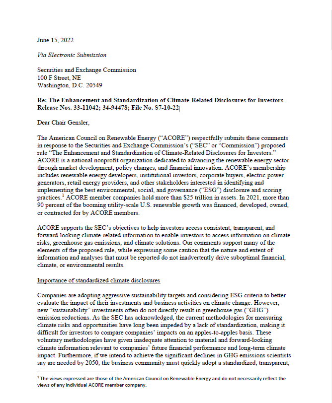 First page of comments to SEC on climate disclosures