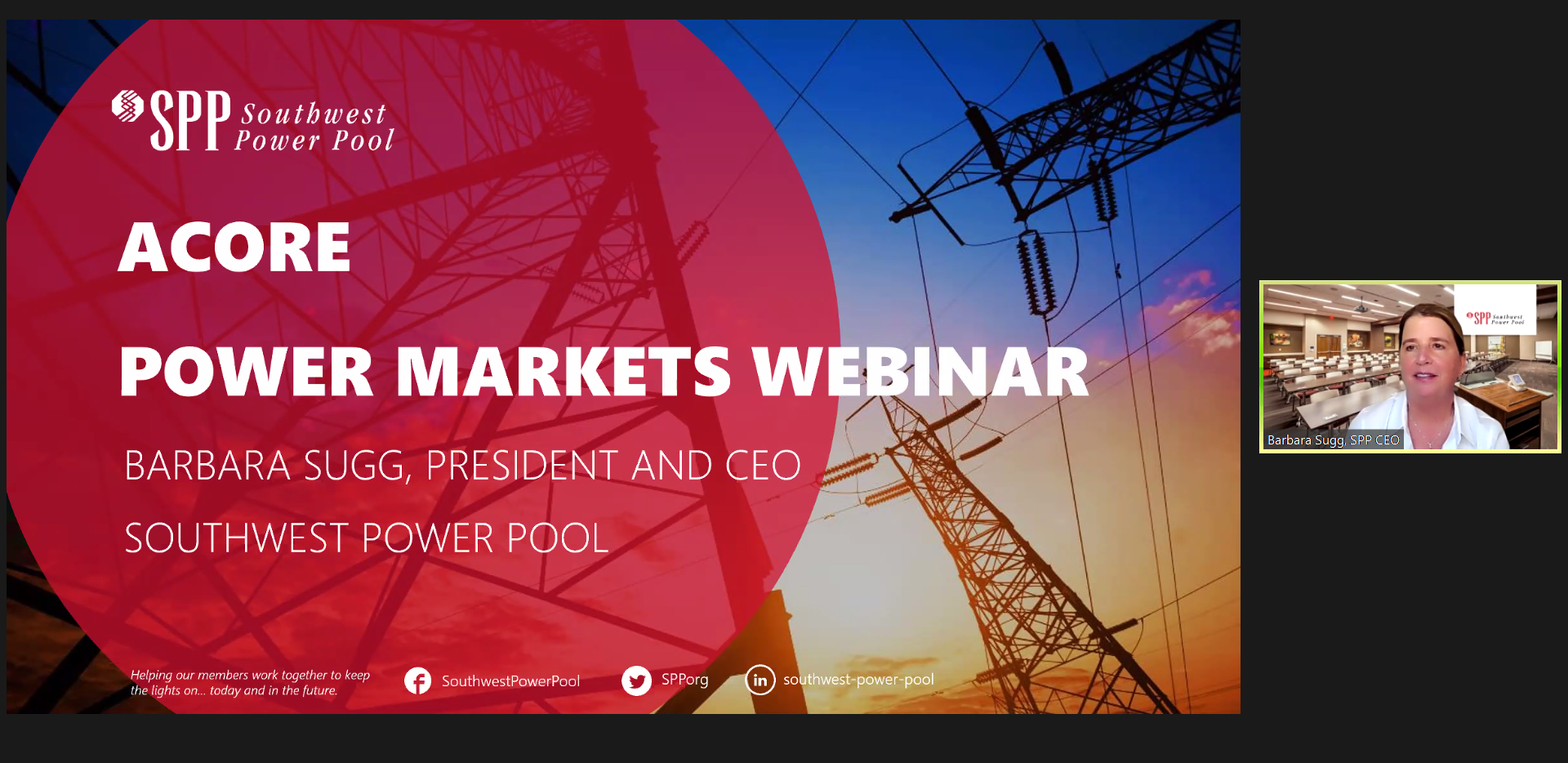 Title screen of ACORE Power Markets Webinar with SPP President and CEO Barbara Sugg