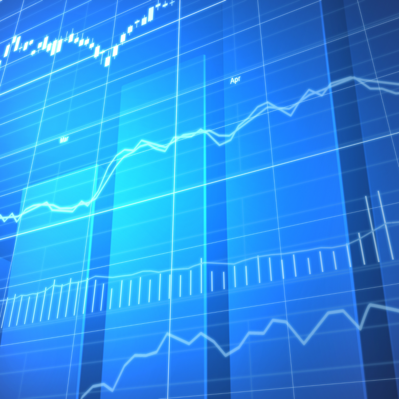 A blue background with financial charts and graphs.