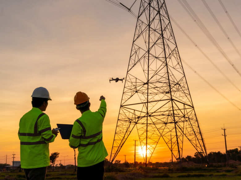 Team work of Engineers location help Technician use drone to fly