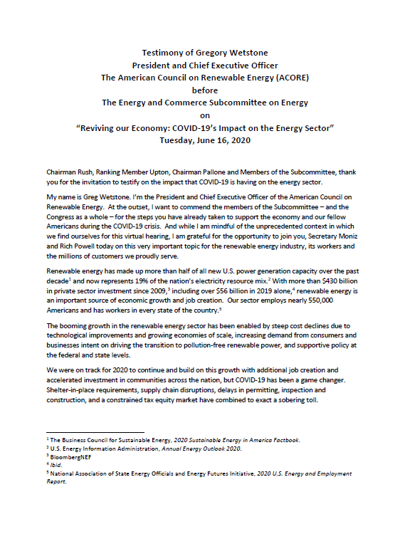 Testimony of Gregory Wetstone before The Energy and Commerce Subcommittee on Energy