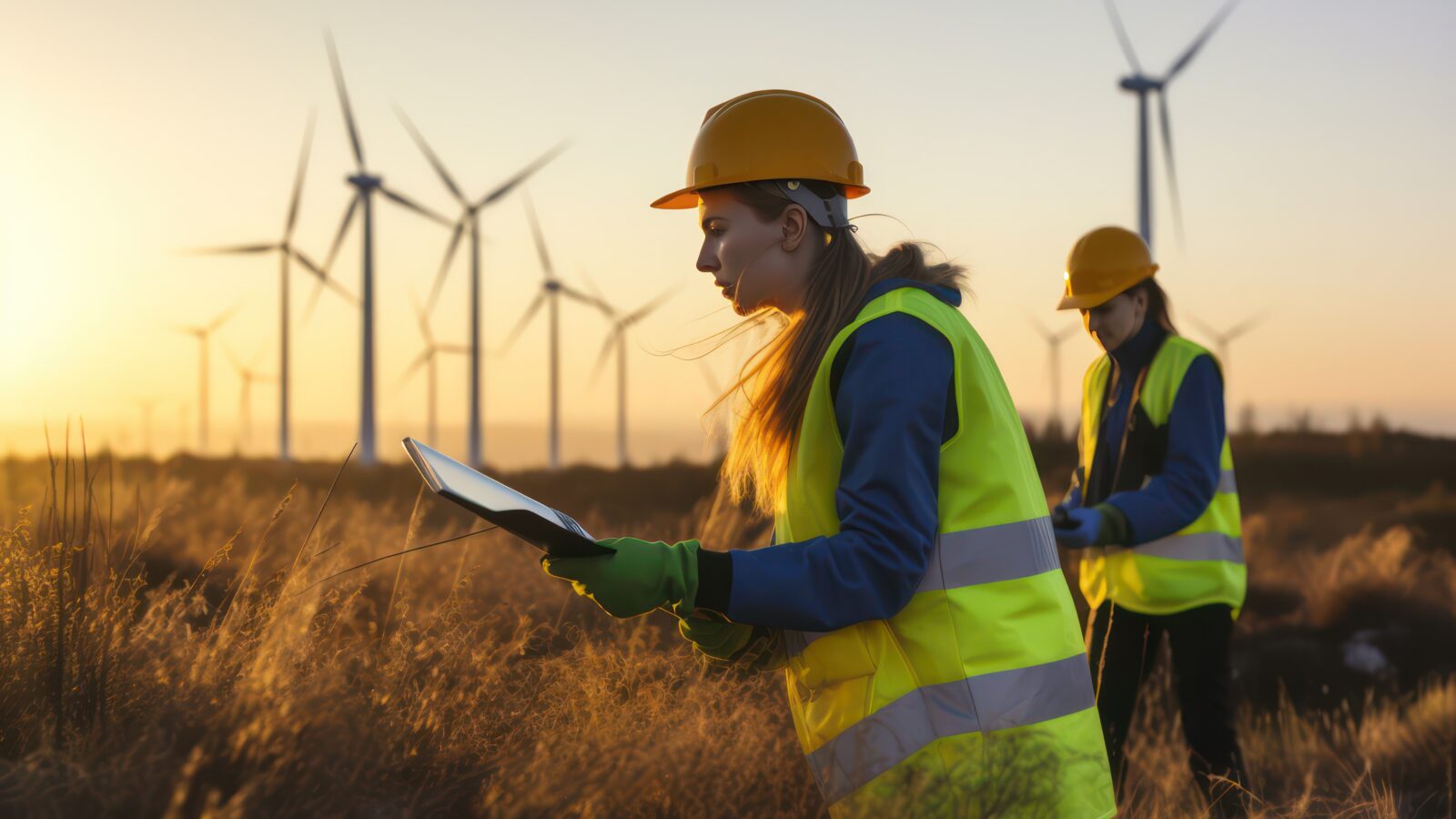 Two environmental workers in a wind power generation field