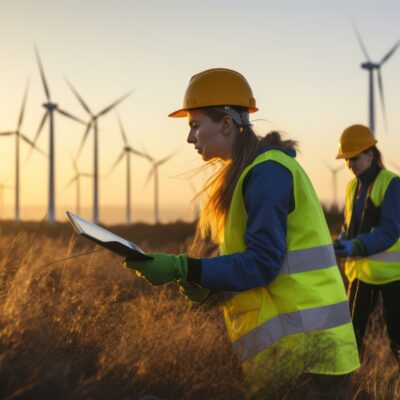 Two environmental workers in a wind power generation field