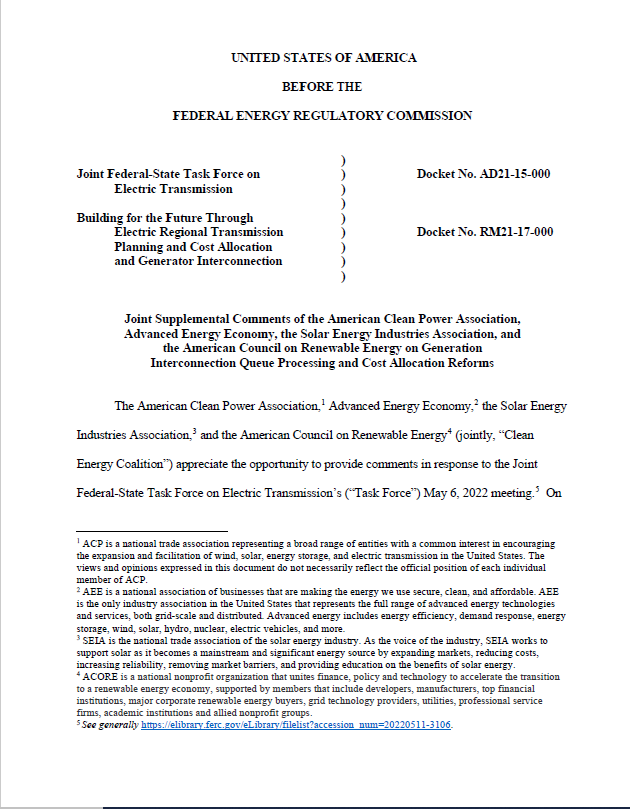 Image of joint supplemental comments to FERC