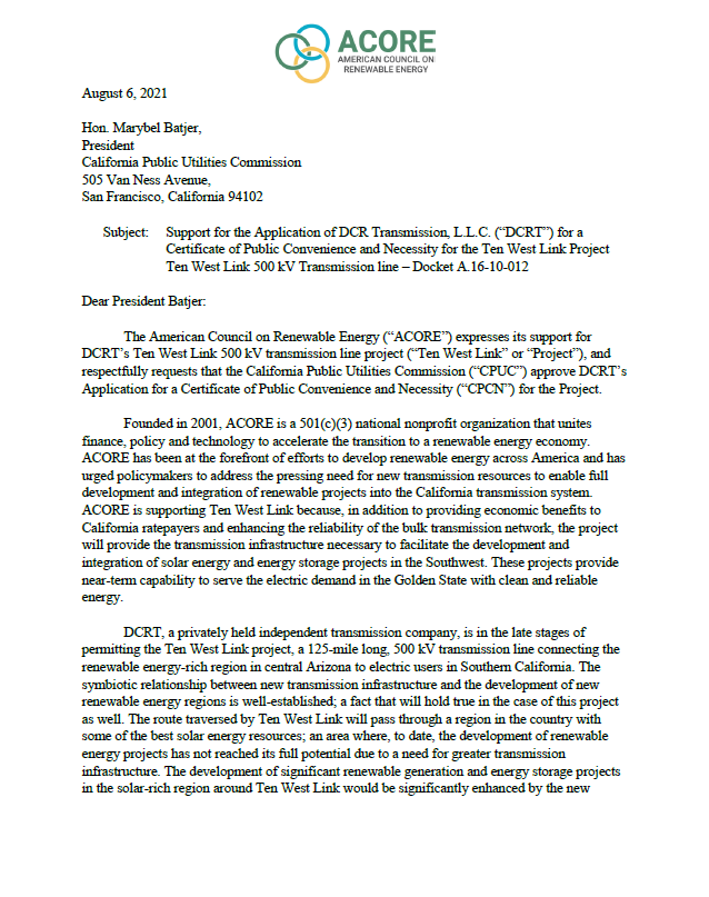 ACORE Letter to California Public Utilities Commission on Ten West Link Project