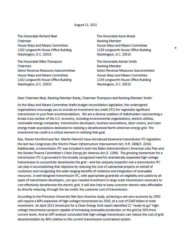 Multi-Sector Coalition Transmission ITC Letter to House Ways and Means Committee