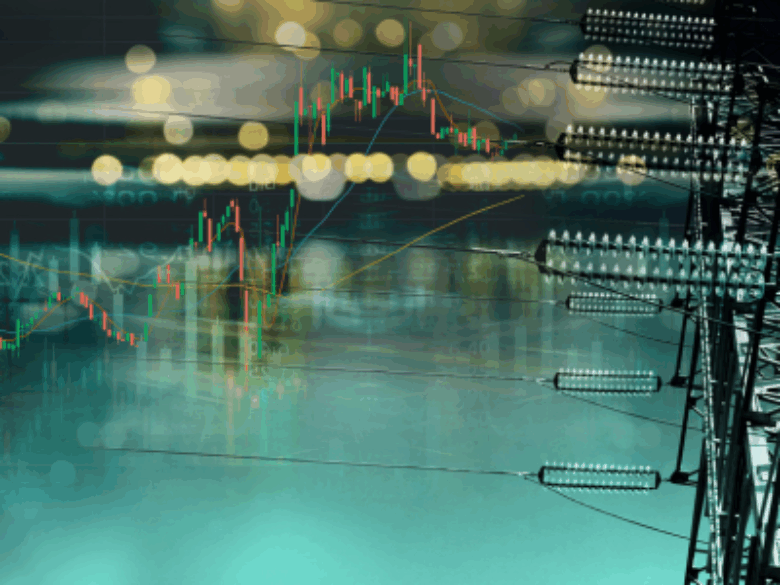 Transmission tower with finance charts.