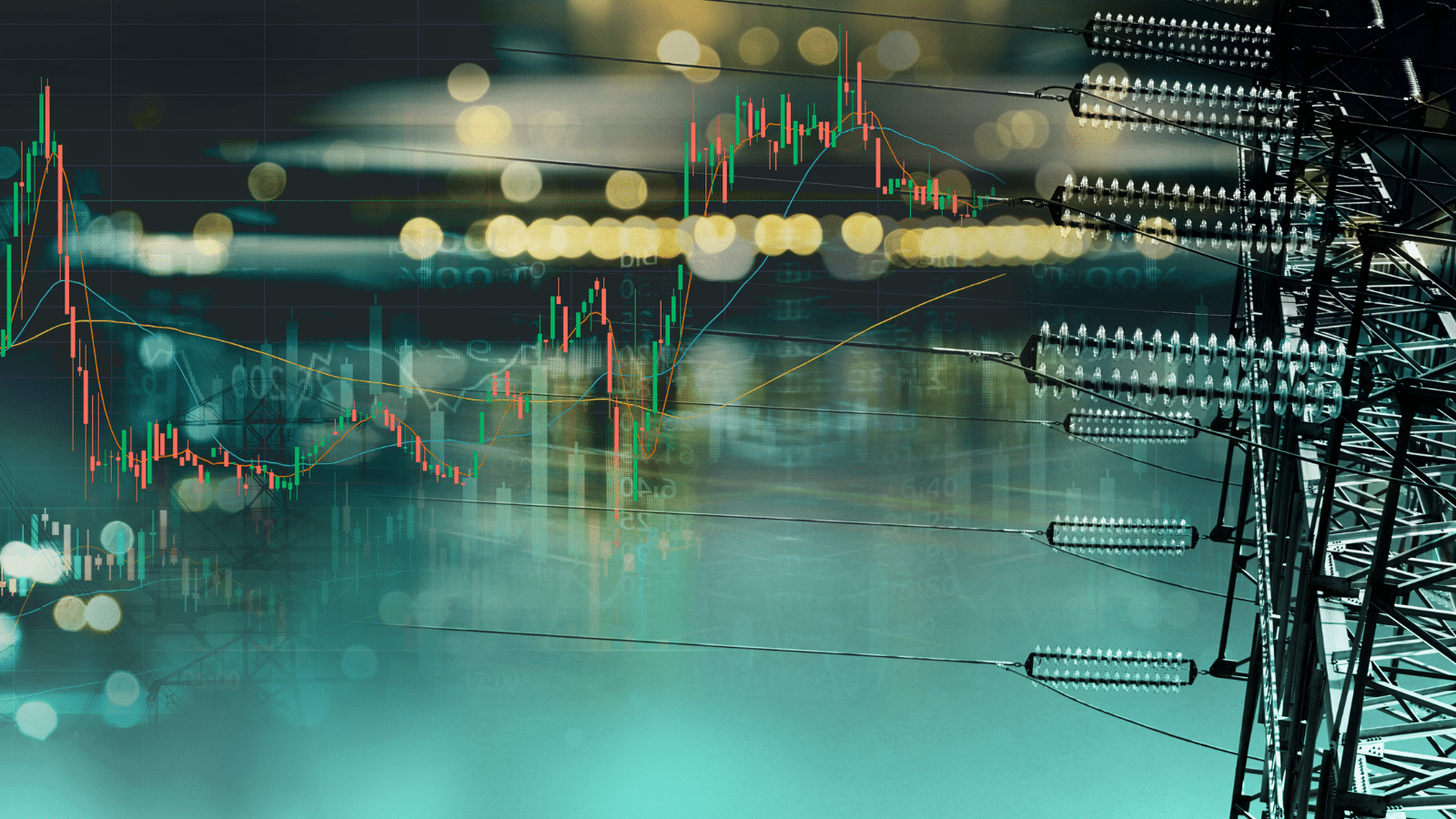 Transmission tower with finance charts.