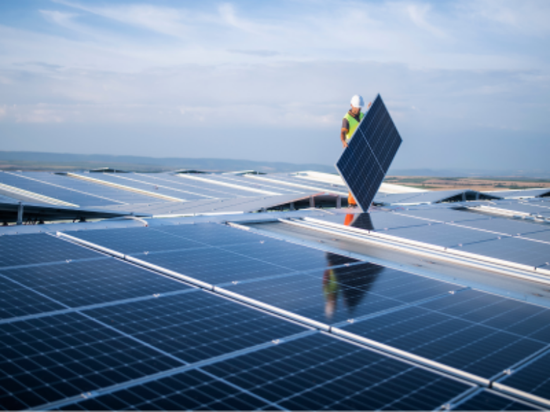 A worker wearing a hard hat and safety vest installs a solar panel on a large rooftop. The scene is set under a partly cloudy sky, with open land visible in the distance, highlighting a large-scale solar energy installation.