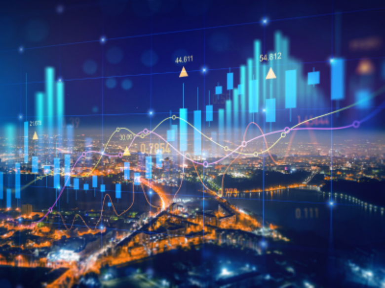 Abstract financial data visualization over a nighttime city skyline, featuring glowing bar charts, line graphs, and market trend indicators layered across an urban landscape.