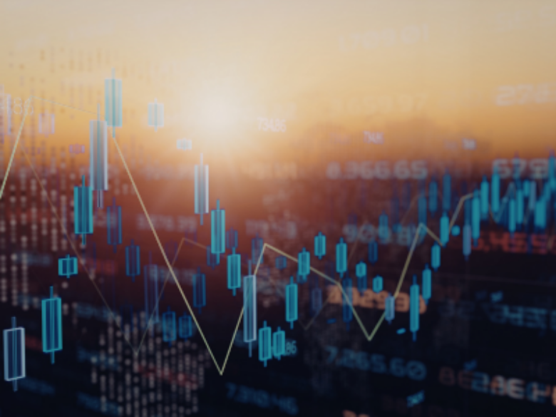 Close-up of a digital financial market display showing stock both increasing and decreasing.