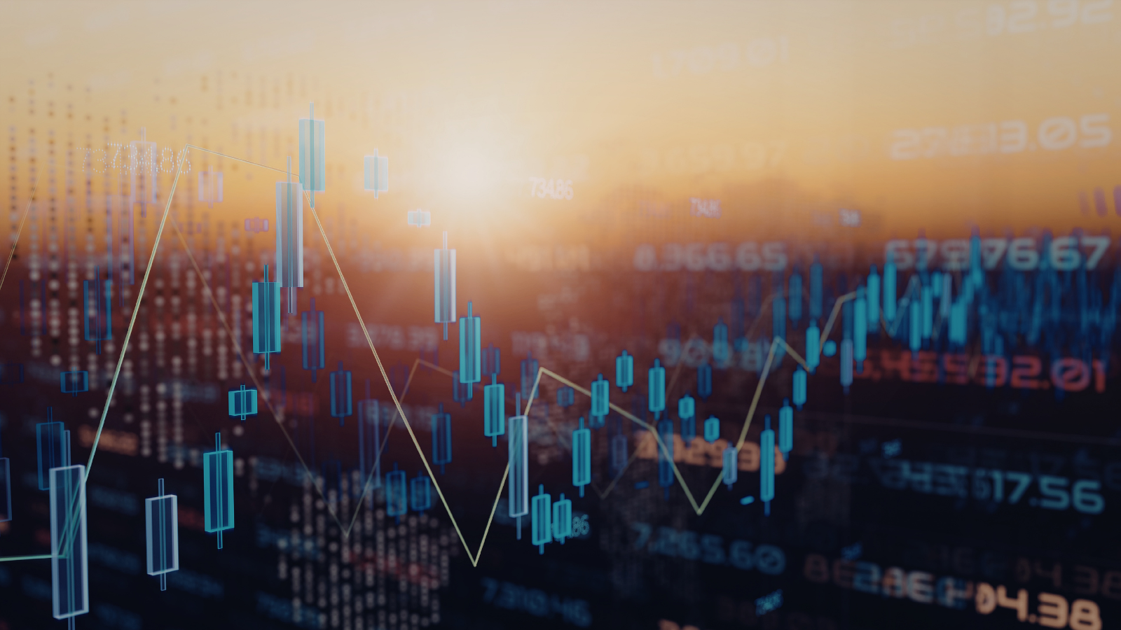 Close-up of a digital financial market display showing stock both increasing and decreasing.