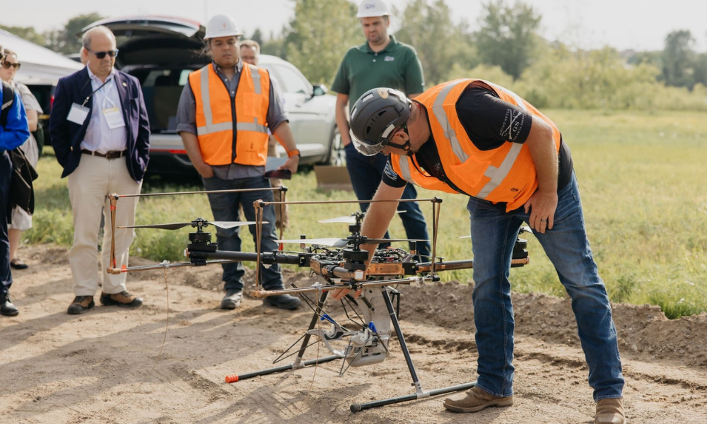 Drone introduction and safety talk at Great River Energy Dynamic Line Rating Demonstration.