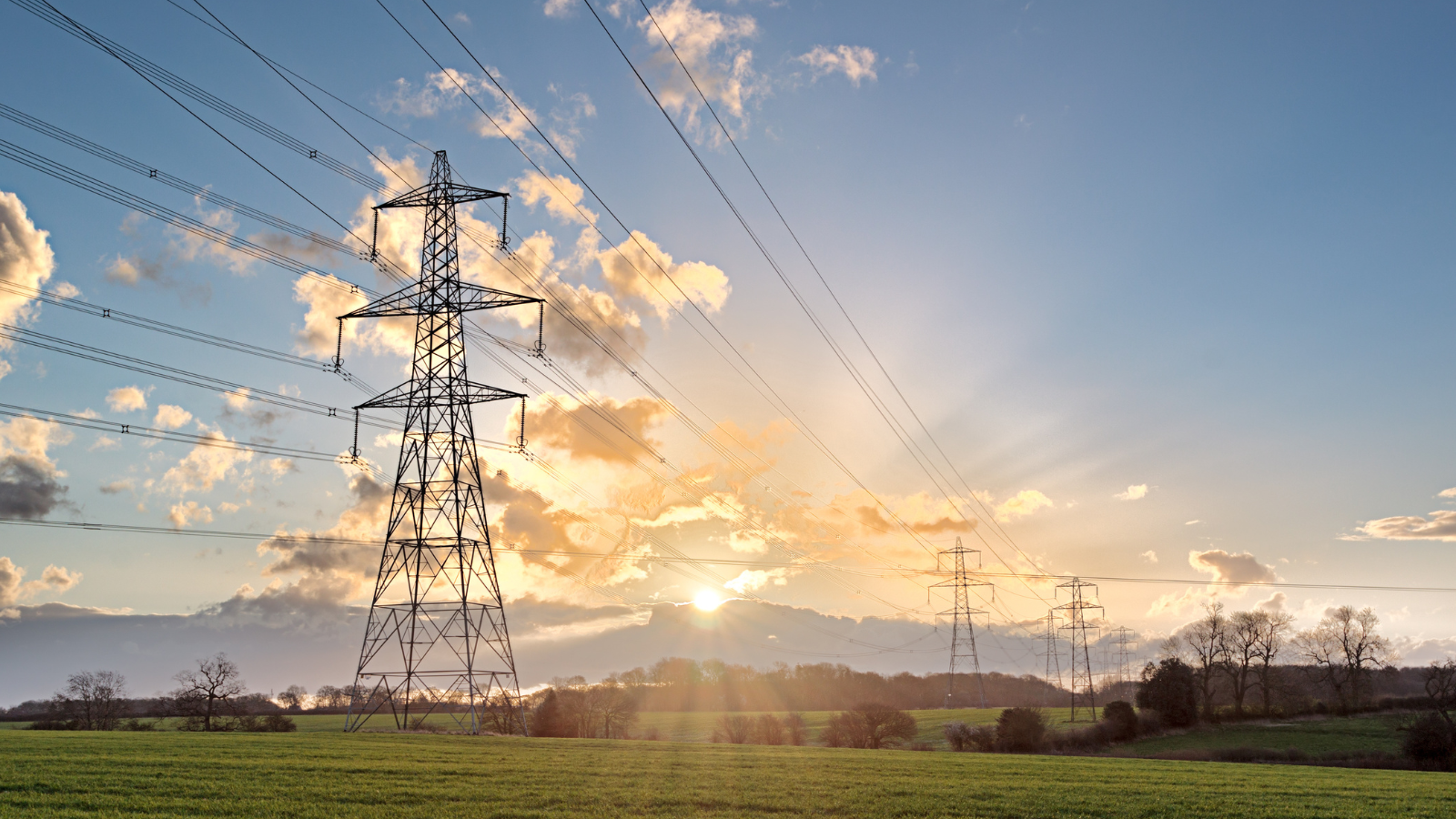 Transmission towers with sunset in background.