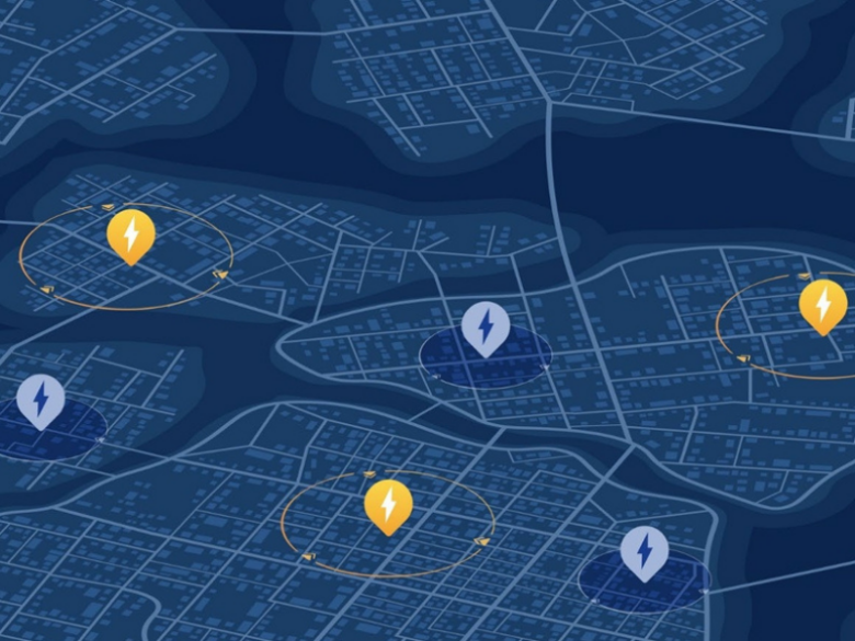 Illustrated map of urban neighborhoods featuring blue and yellow lightning bolt location markers, highlighting designated energy zones across a connected electrical grid.