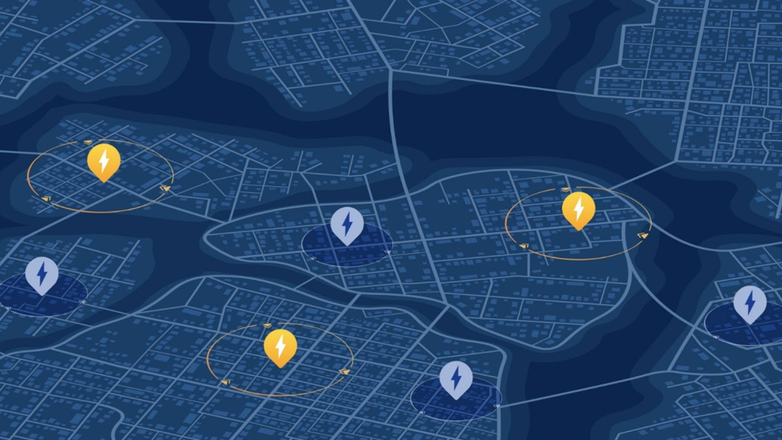 Illustrated map of urban neighborhoods featuring blue and yellow lightning bolt location markers, highlighting designated energy zones across a connected electrical grid.
